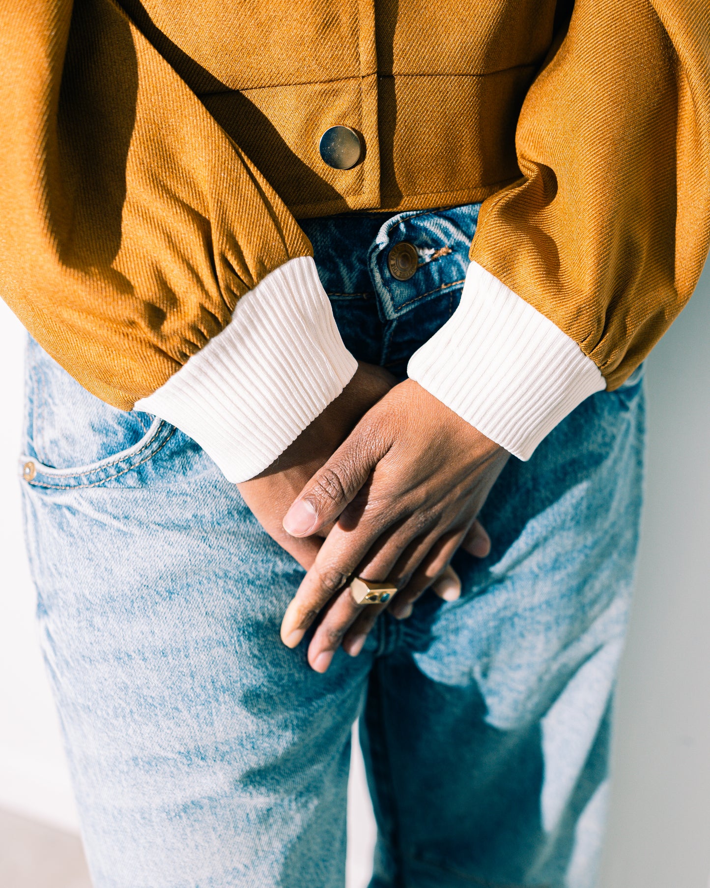 The Manner Bomber close up details of cream cuff on sleeve