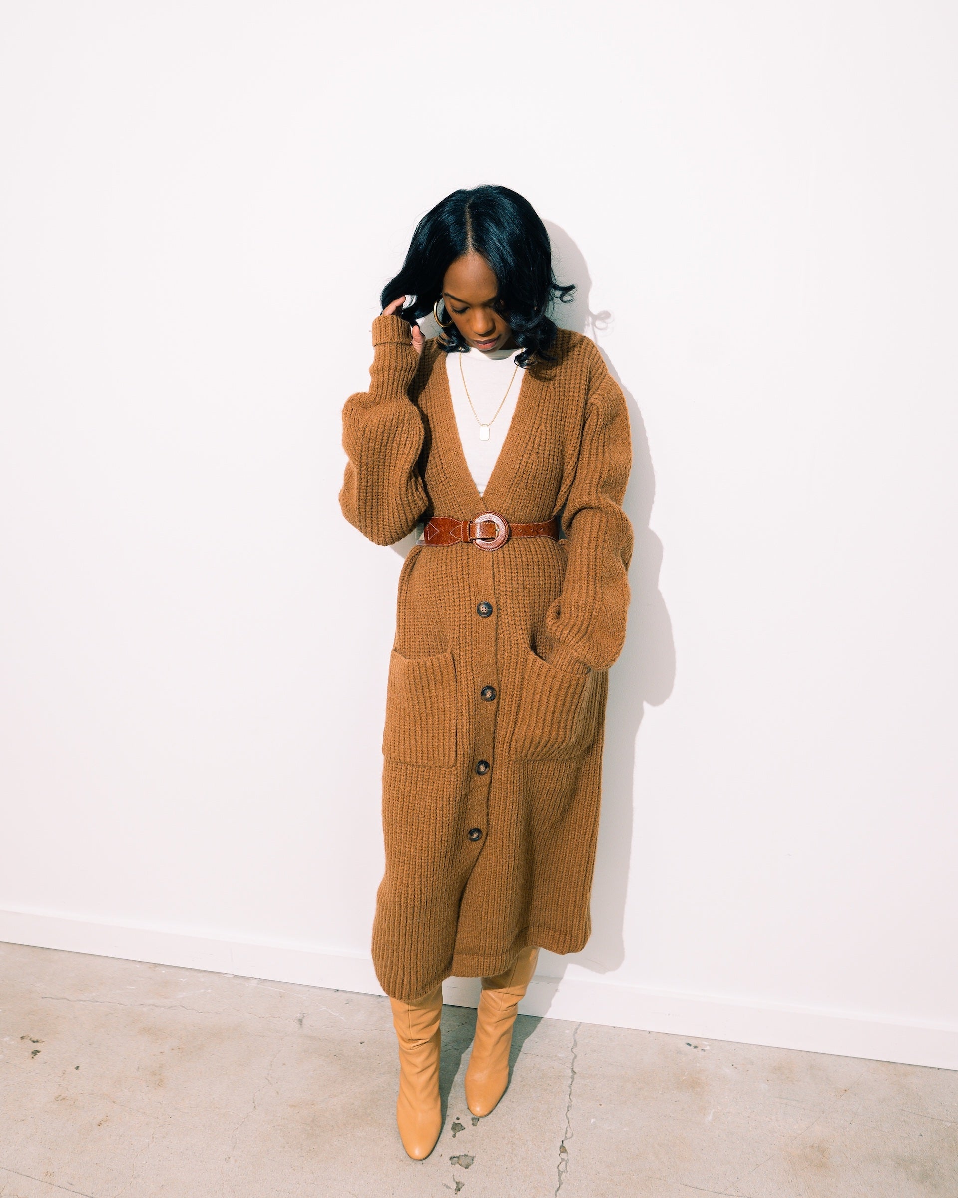 Puff the Magic Cardigan  styled with belt as a dress 